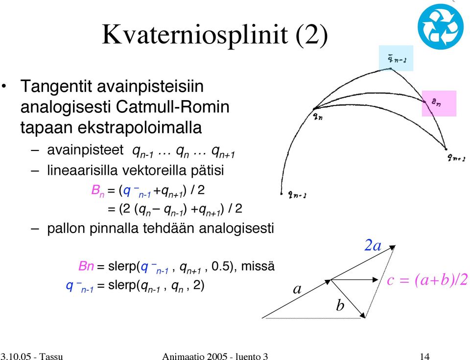 n+1 ) / 2 = (2 (q n q n-1 ) +q n+1 ) / 2 pallon pinnalla tehdään analogisesti 2a Bn = slerp(q