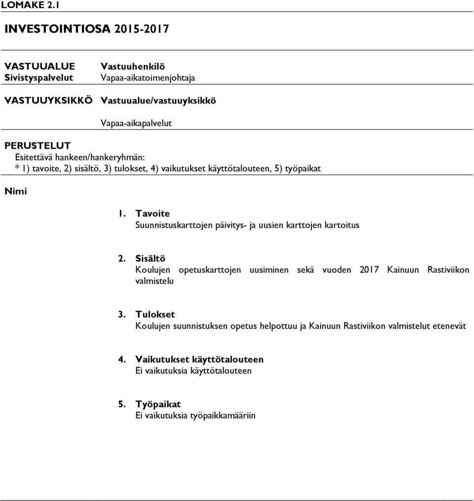 Esitettävä hankeen/hankeryhmän: * 1) tavoite, 2) sisältö, 3) tulokset, 4) vaikutukset käyttötalouteen, 5) työpaikat Nimi 1.