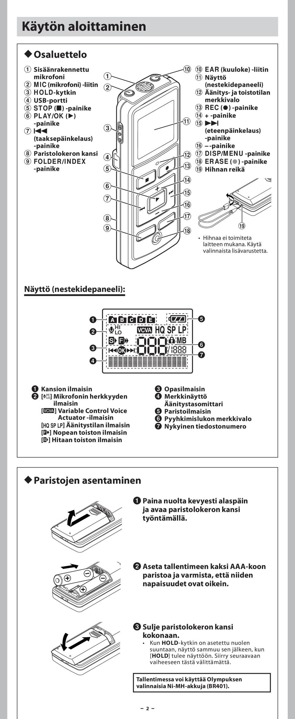 % 9 (eteenpäinkelaus) -painike ^ -painike @ & DISP/MENU -painike * ERASE (s) -painike # ( Hihnan reikä $ % ^ & ( * Hihnaa ei toimiteta laitteen mukana. Käytä valinnaista lisävarustetta.