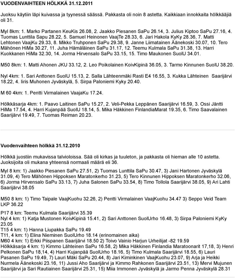 Mikko Truhponen SaPu 29.38, 9. Janne Liimatainen Äänekoski 30.07, 10. Tero Mähönen HiMa 30.27, 11. Juha Hämäläinen SaPu 31.17, 12. Teemu Kulmala SaPu 31.38, 13. Harri Kuokkanen HiMa 32.30, 14.