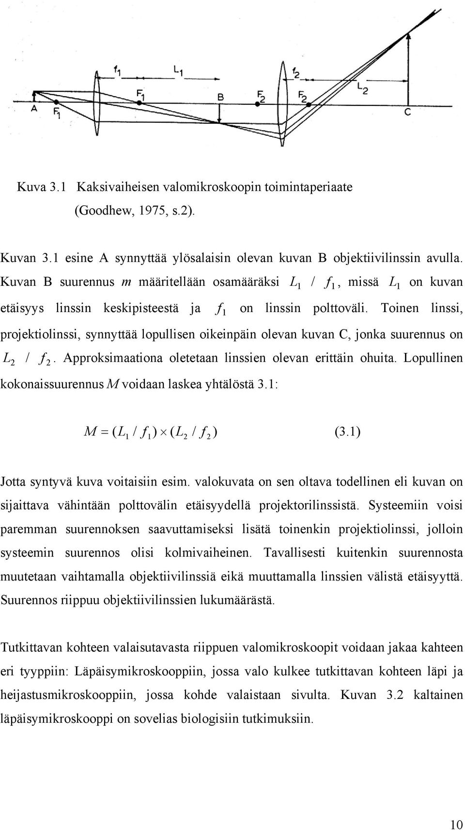 Toinen linssi, projektiolinssi, synnyttää lopullisen oikeinpäin olevan kuvan C, jonka suurennus on L / f. Approksimaationa oletetaan linssien olevan erittäin ohuita.