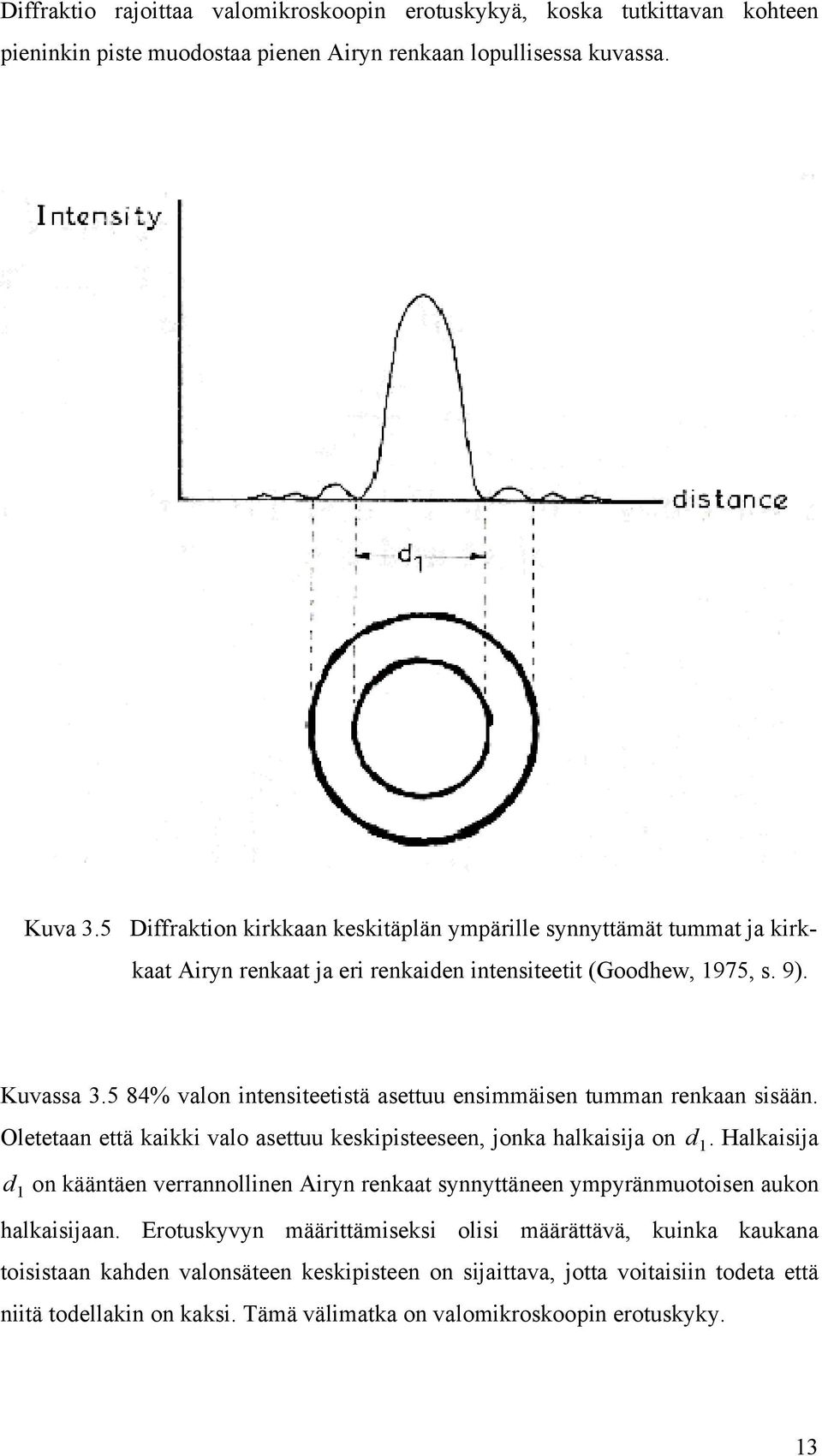 5 84% valon intensiteetistä asettuu ensimmäisen tumman renkaan sisään. Oletetaan että kaikki valo asettuu keskipisteeseen, jonka halkaisija on d 1.