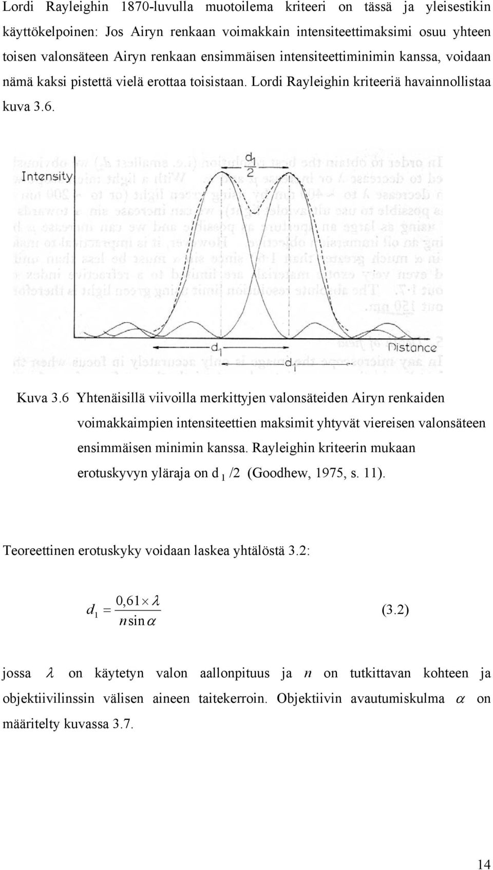 6 Yhtenäisillä viivoilla merkittyjen valonsäteiden Airyn renkaiden voimakkaimpien intensiteettien maksimit yhtyvät viereisen valonsäteen ensimmäisen minimin kanssa.