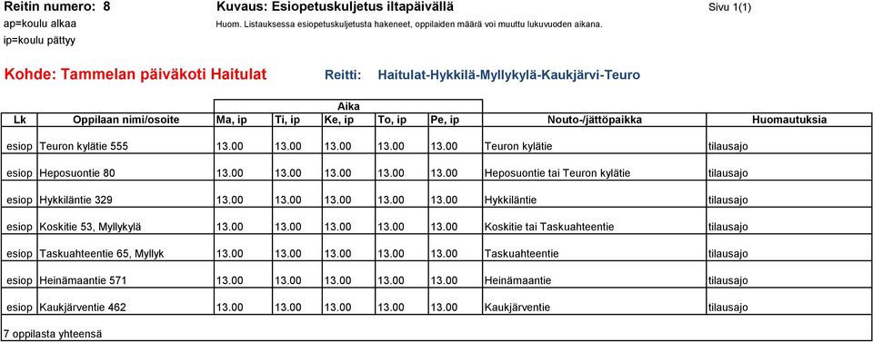 Huomautuksia esiop Teuron kylätie 555 Teuron kylätie tilausajo esiop Heposuontie 8 Heposuontie tai Teuron kylätie tilausajo esiop Hykkiläntie 329 Hykkiläntie tilausajo esiop Koskitie 53,