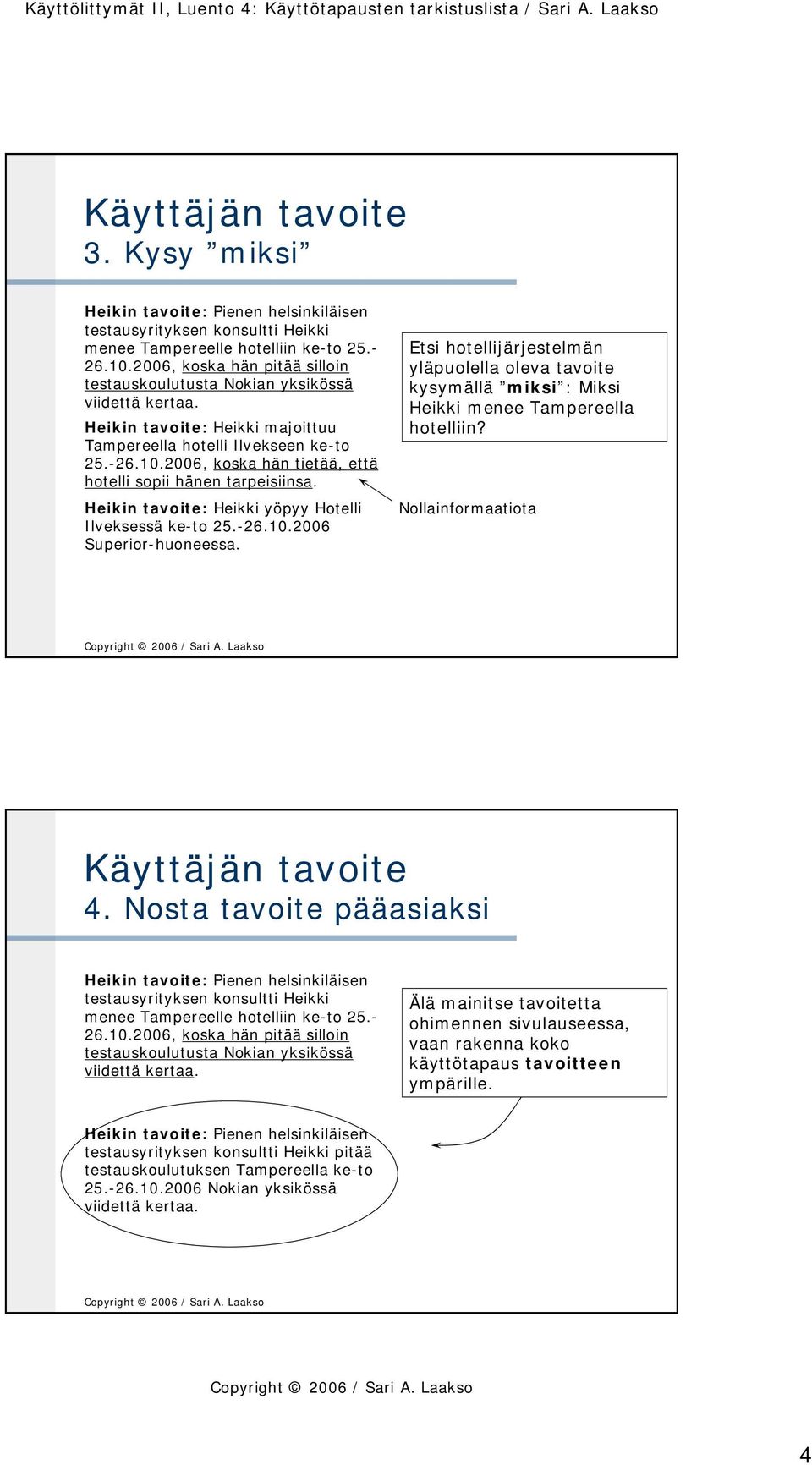 -26.10.2006 Superior-huoneessa. Etsi hotellijärjestelmän yläpuolella oleva tavoite kysymällä miksi : Miksi Heikki menee Tampereella hotelliin? Nollainformaatiota 4.