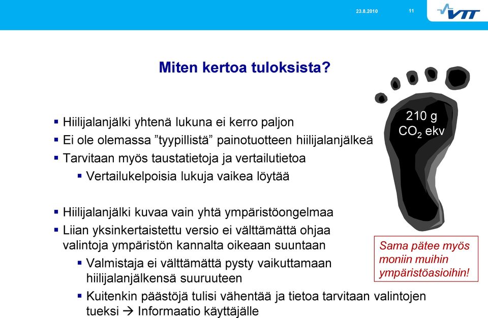 vertailutietoa Vertailukelpoisia lukuja vaikea löytää 210 g CO 2 ekv Hiilijalanjälki kuvaa vain yhtä ympäristöongelmaa Liian yksinkertaistettu versio