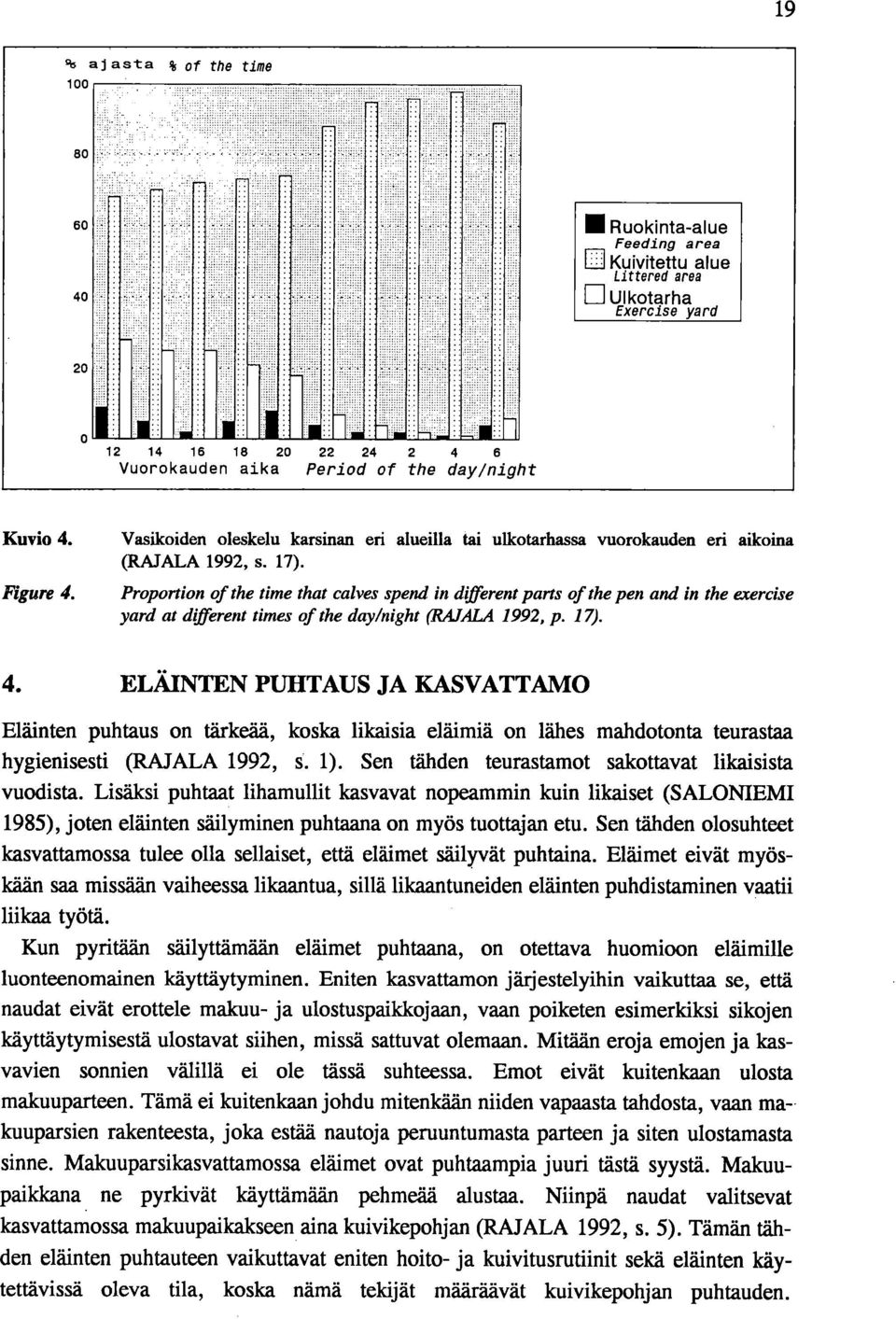 Proportion of the time that calves spend in 4,(Terent parts of the pen and in the exercise yard at different times of the day/night (RAJALA 1992, p. 17). 4. ELÄINTEN PUHTAUS JA KASVATTAMO Eläinten puhtaus on tärkeää, koska likaisia eläimiä on lähes mahdotonta teurastaa hygienisesti (RAJALA 1992, s.