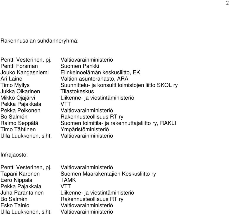 Valtiovarainministeriö Suomen Pankki Elinkeinoelämän keskusliitto, EK Valtion asuntorahasto, ARA Suunnittelu- ja konsulttitoimistojen liitto SKOL ry Tilastokeskus Liikenne- ja viestintäministeriö VTT