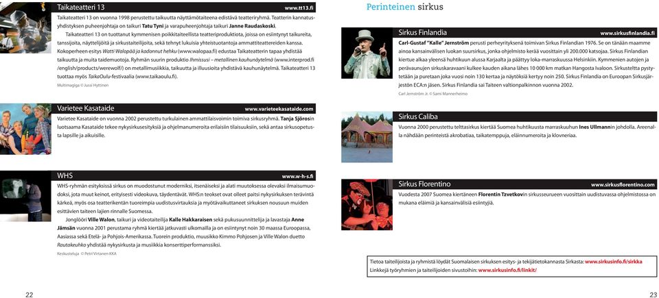 Taikateatteri 13 on tuottanut kymmenisen poikkitaiteellista teatteriproduktiota, joissa on esiintynyt taikureita, tanssijoita, näyttelijöitä ja sirkustaiteilijoita, sekä tehnyt lukuisia