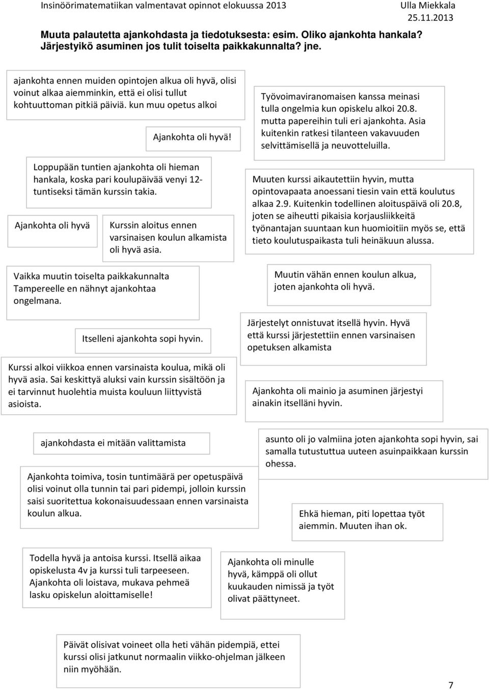 kun muu opetus alkoi Loppupään tuntien ajankohta oli hieman hankala, koska pari koulupäivää venyi 2 tuntiseksi tämän kurssin takia.