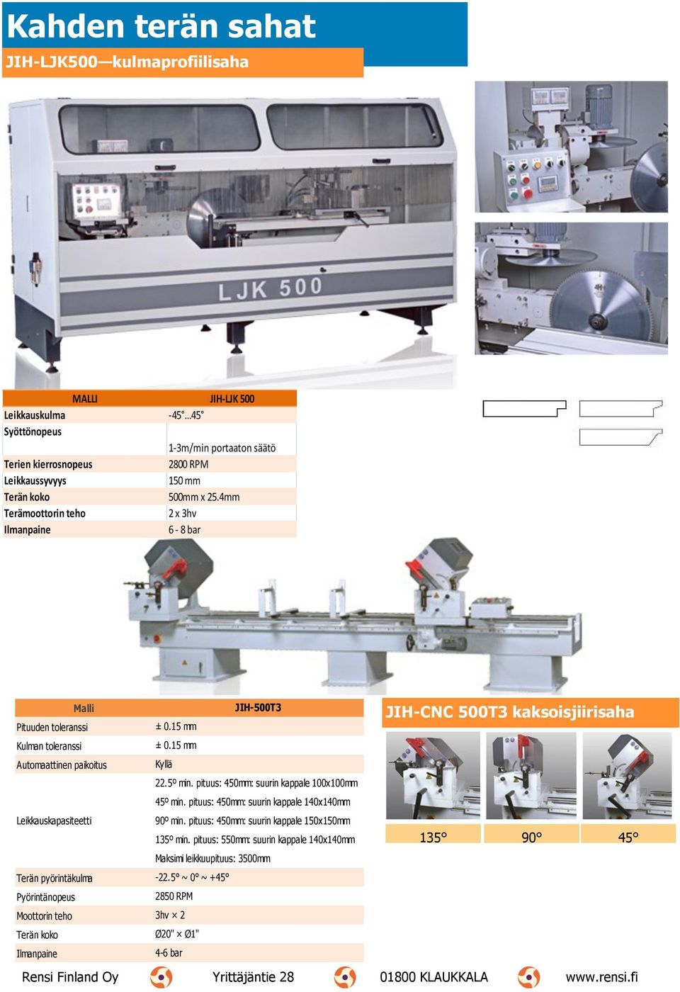 pituus: 450mm: suurin kappale 100x100mm 45º min. pituus: 450mm: suurin kappale 140x140mm Leikkauskapasiteetti 90º min. pituus: 450mm: suurin kappale 150x150mm 135º min.