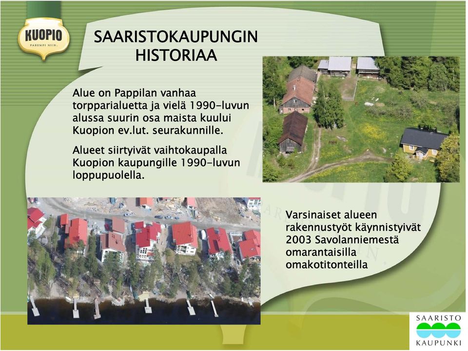 Alueet siirtyivät vaihtokaupalla Kuopion kaupungille 1990-luvun loppupuolella.