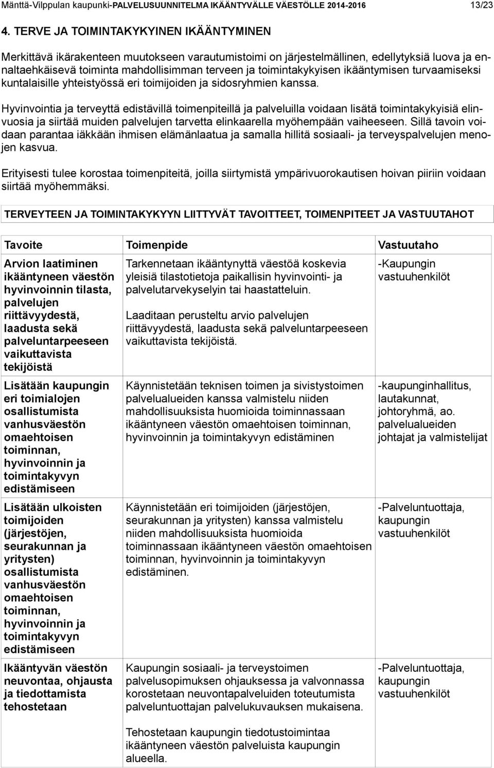 toimintakykyisen ikääntymisen turvaamiseksi kuntalaisille yhteistyössä eri toimijoiden ja sidosryhmien kanssa.