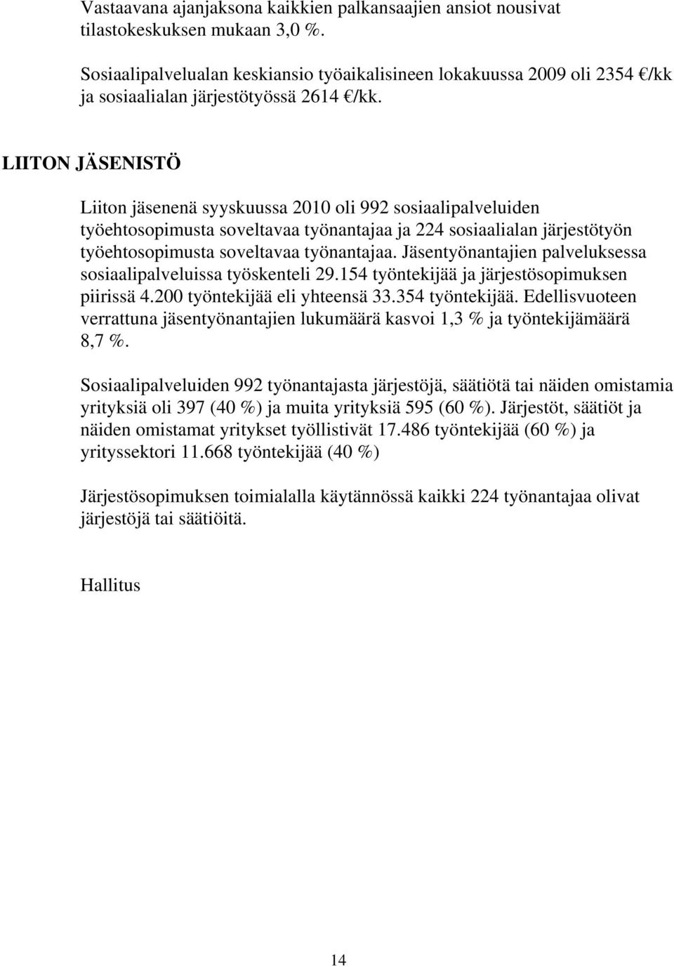 LIITON JÄSENISTÖ Liiton jäsenenä syyskuussa 2010 oli 992 sosiaalipalveluiden työehtosopimusta soveltavaa työnantajaa ja 224 sosiaalialan järjestötyön työehtosopimusta soveltavaa työnantajaa.