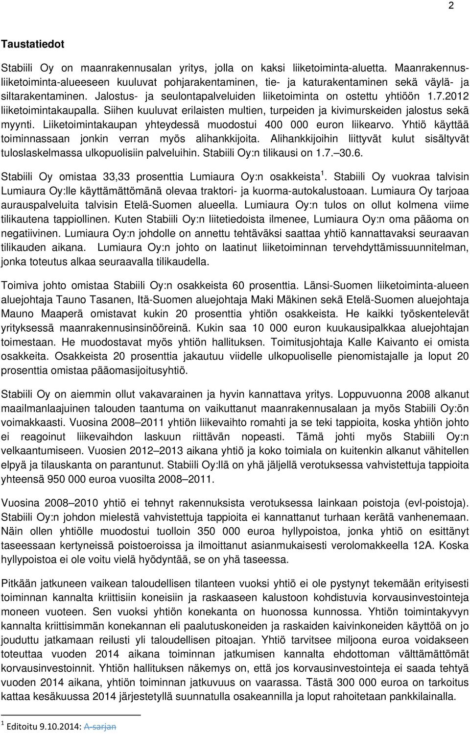 2012 liiketoimintakaupalla. Siihen kuuluvat erilaisten multien, turpeiden ja kivimurskeiden jalostus sekä myynti. Liiketoimintakaupan yhteydessä muodostui 400 000 euron liikearvo.