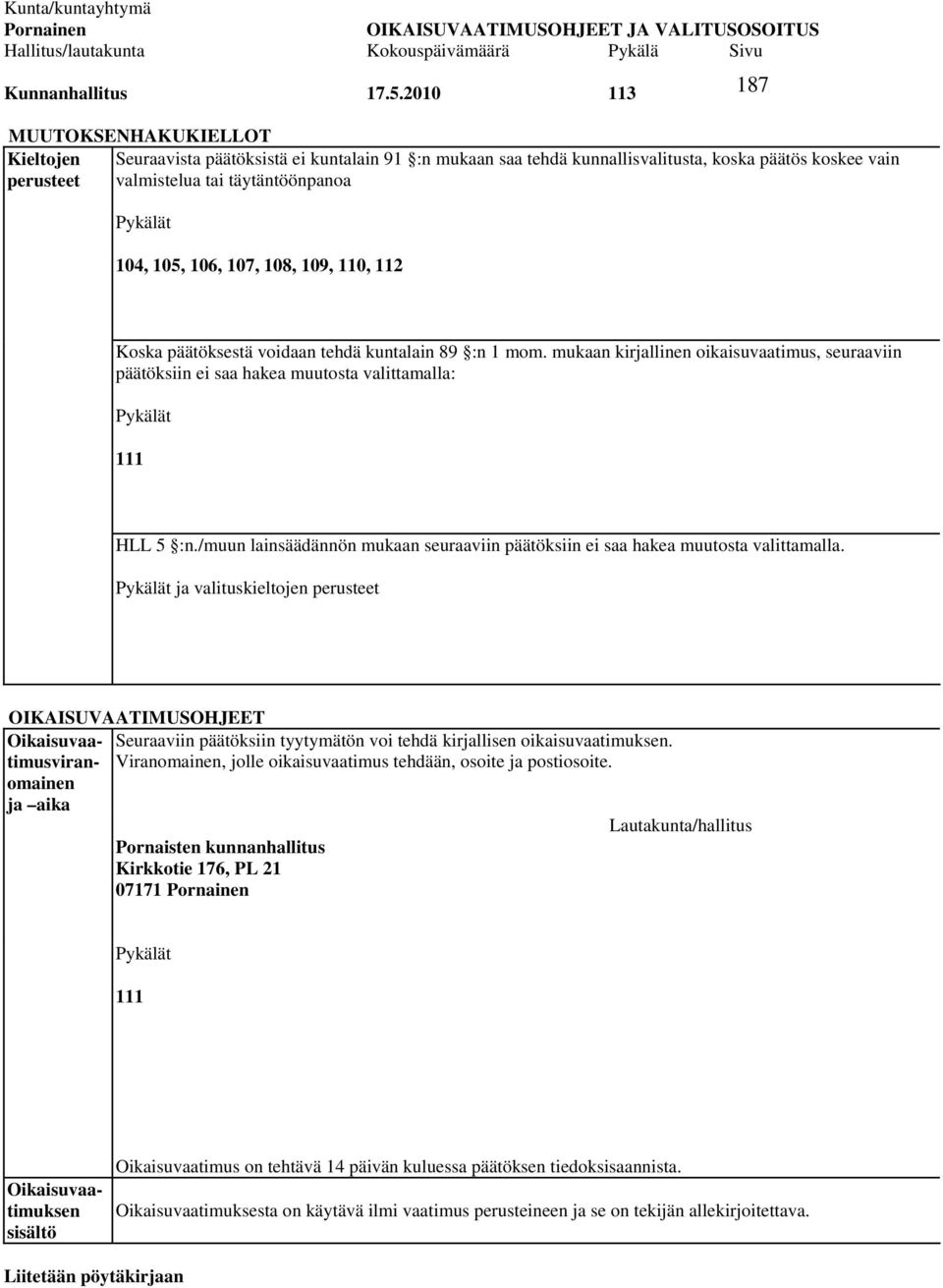 105, 106, 107, 108, 109, 110, 112 187 Koska päätöksestä voidaan tehdä kuntalain 89 :n 1 mom.