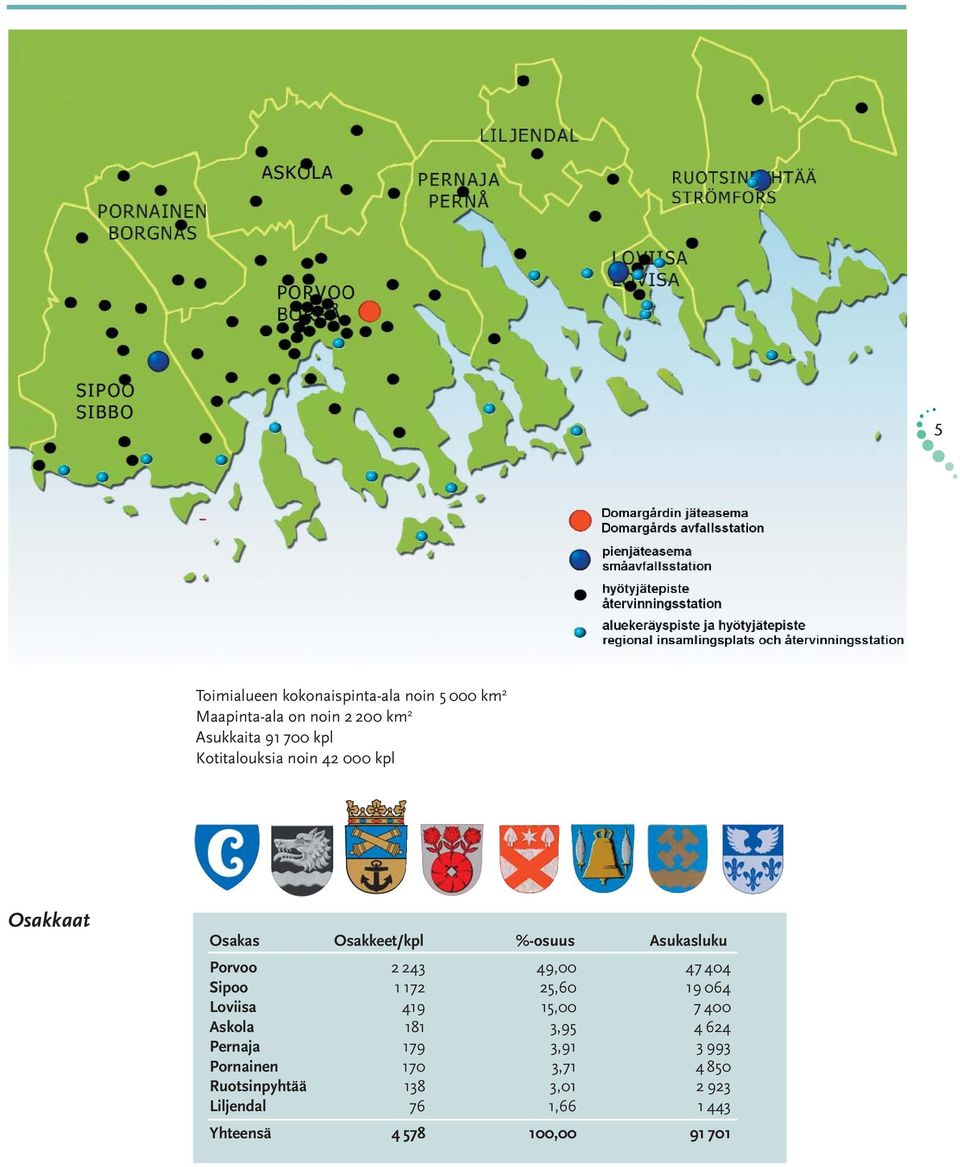 404 Sipoo 1 172 25,60 19 064 Loviisa 419 15,00 7 400 Askola 181 3,95 4 624 Pernaja 179 3,91 3 993