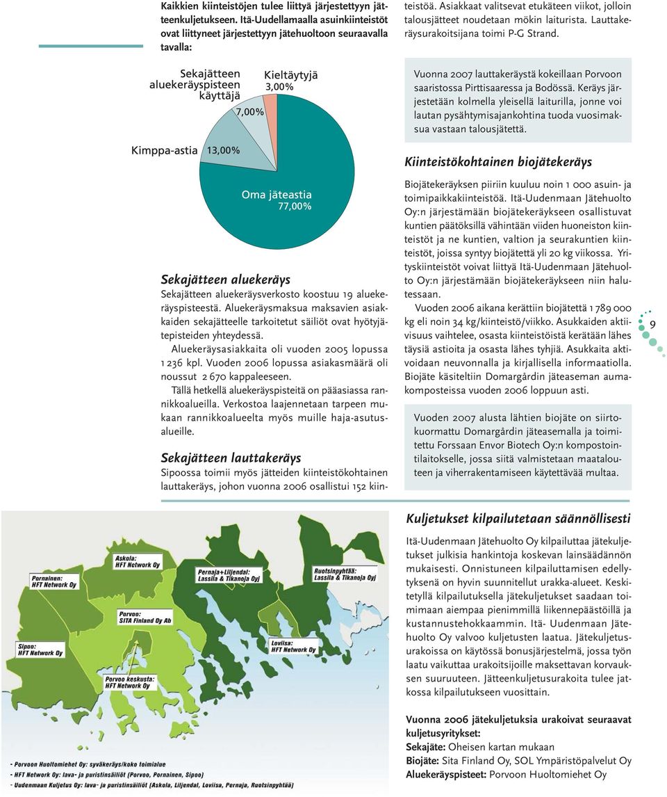 vuonna 2006 osallistui 152 kiinteistöä. Asiakkaat valitsevat etukäteen viikot, jolloin talousjätteet noudetaan mökin laiturista. Lauttakeräysurakoitsijana toimi P-G Strand.