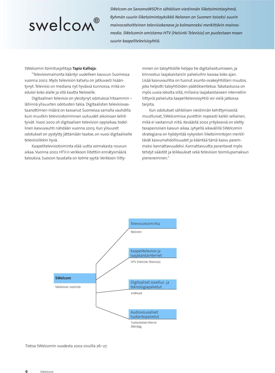 SWelcomin omistama HTV (Helsinki Televisio) on puolestaan maan suurin kaapelitelevisioyhtiö. SWelcomin toimitusjohtaja Tapio Kallioja: Televisiomainonta kääntyi uudelleen kasvuun Suomessa vuonna 2002.
