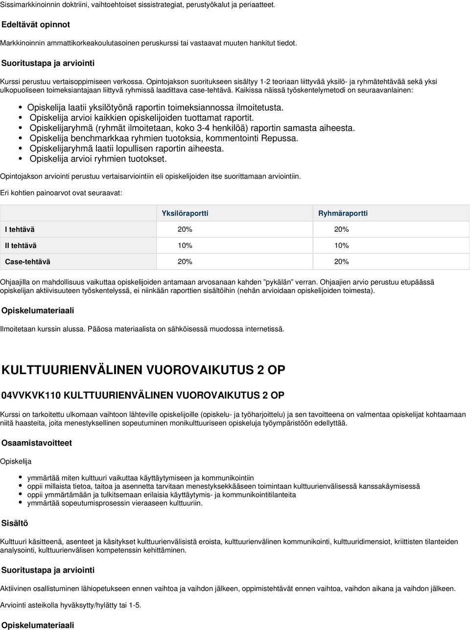 Opintojakson suoritukseen sisältyy 1-2 teoriaan liittyvää yksilö- ja ryhmätehtävää sekä yksi ulkopuoliseen toimeksiantajaan liittyvä ryhmissä laadittava case-tehtävä.