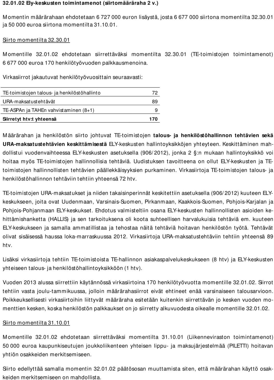 Virkasiirrot jakautuvat henkilötyövuosittain seuraavasti: TE-toimistojen talous- ja henkilöstöhallinto 72 URA-maksatustehtävät 89 TE-ASPAn ja TAHEn vahvistaminen (8+1) 9 Siirretyt htv:t yhteensä 170