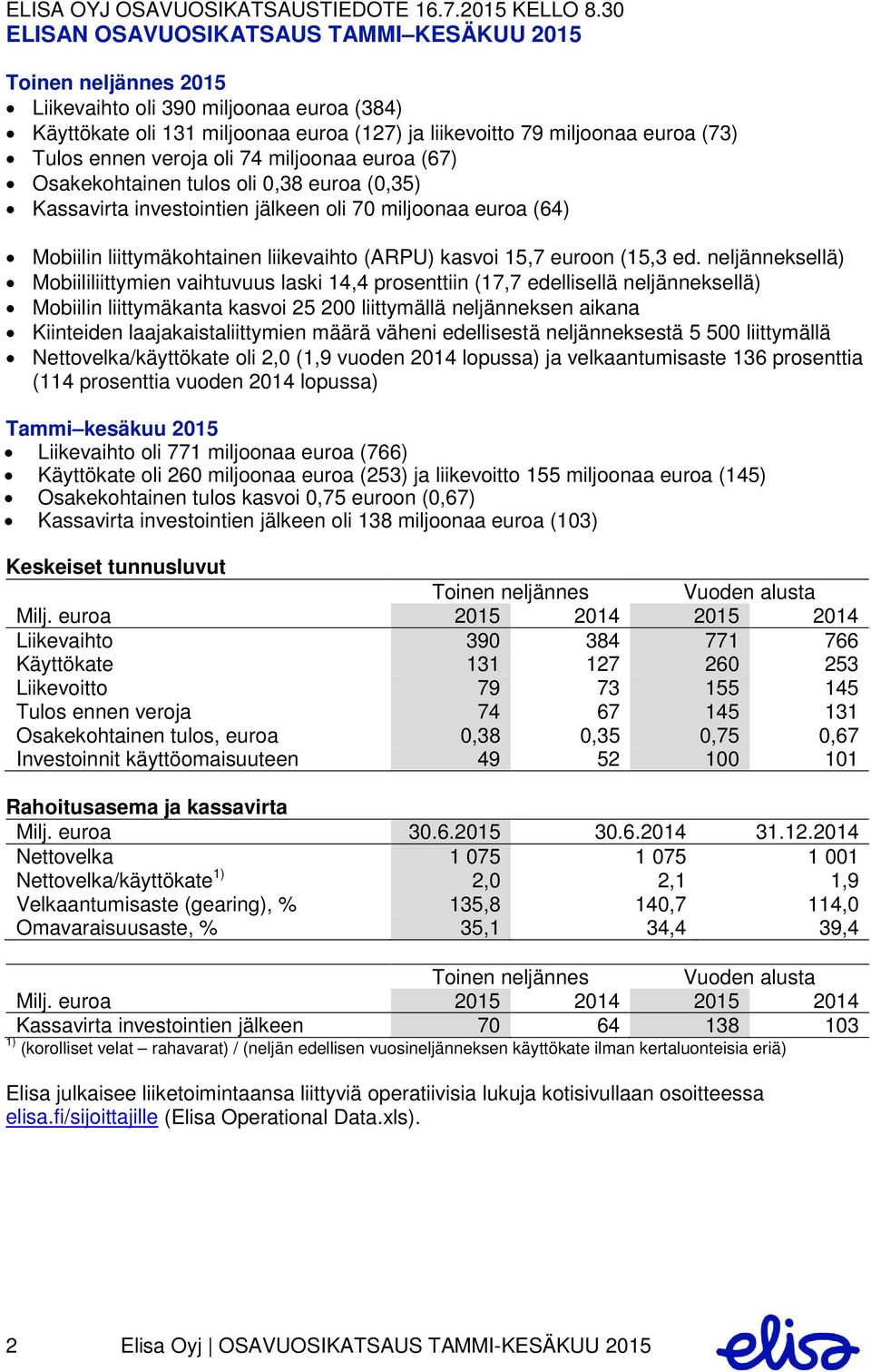 ennen veroja oli 74 miljoonaa euroa (67) Osakekohtainen tulos oli 0,38 euroa (0,35) Kassavirta investointien jälkeen oli 70 miljoonaa euroa (64) Mobiilin liittymäkohtainen liikevaihto (ARPU) kasvoi