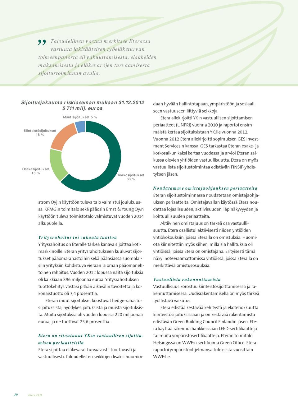 euroa Kiinteistösijoitukset 16 % et Osakesijoitukset 16 % Muut sijoitukset 5 % Korkosijoitukset 63 % strom Oyj:n käyttöön tuleva talo valmistui joulukuussa.