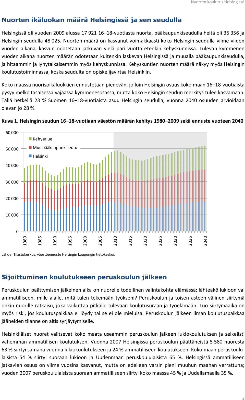 Tulevan kymmenen vuoden aikana nuorten määrän odotetaan kuitenkin laskevan Helsingissä ja muualla pääkaupunkiseudulla, ja hitaammin ja lyhytaikaisemmin myös kehyskunnissa.