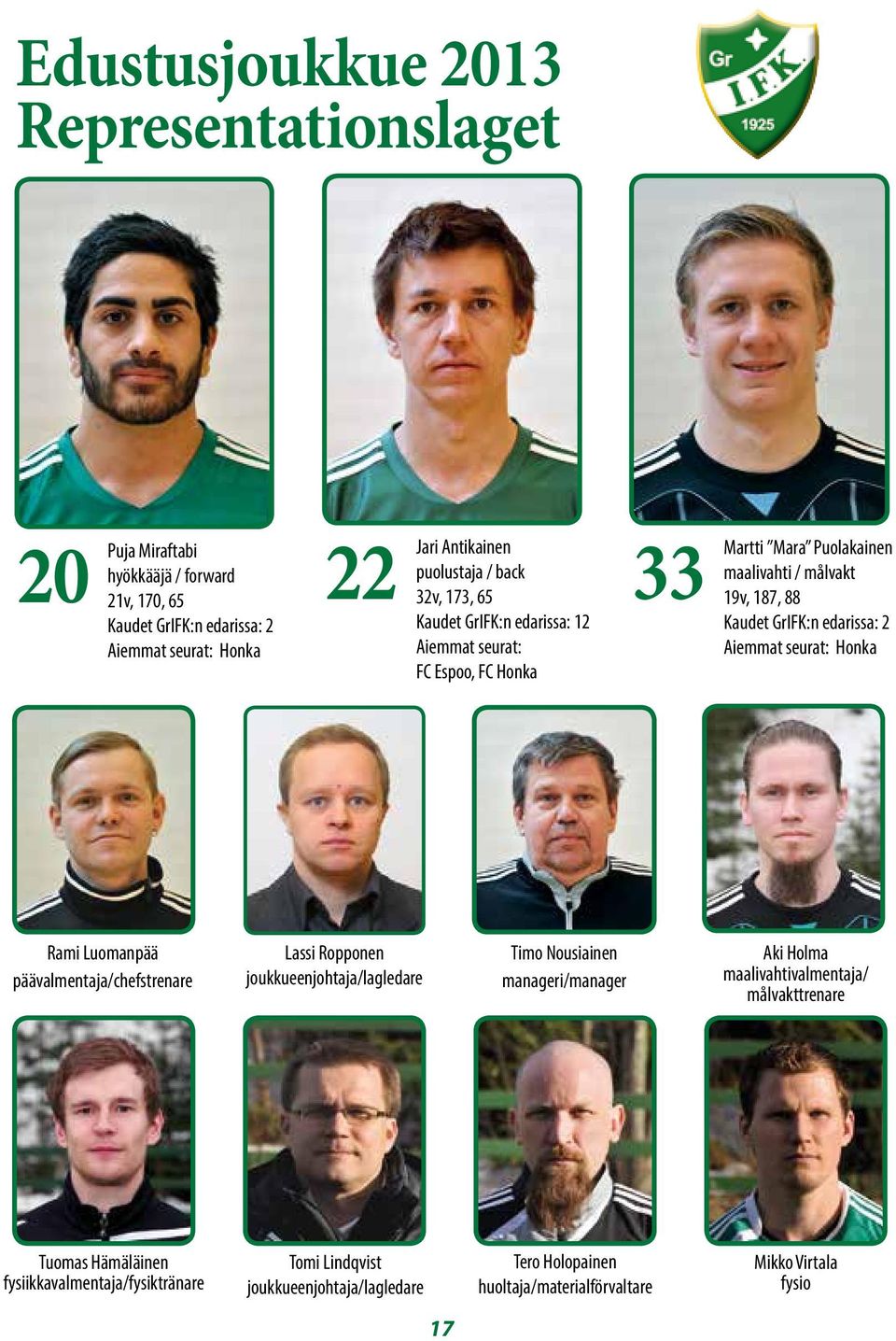 edarissa: 2 Aiemmat seurat: Honka Rami Luomanpää päävalmentaja/chefstrenare Lassi Ropponen joukkueenjohtaja/lagledare Timo Nousiainen manageri/manager Aki Holma