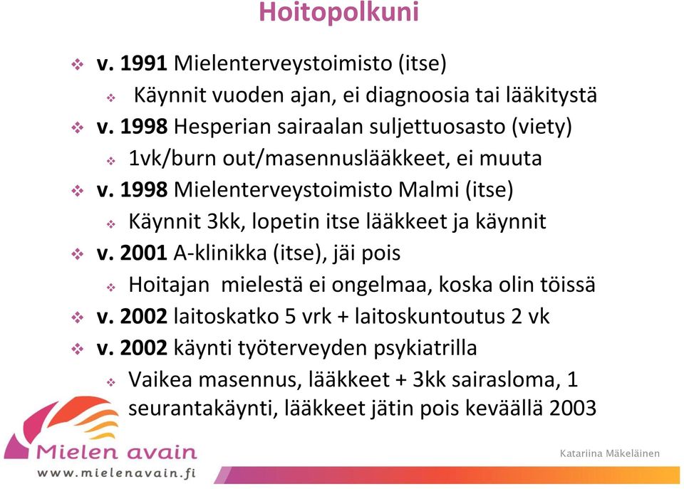 1998 Mielenterveystoimisto Malmi (itse) Käynnit 3kk, lopetin itse lääkkeet ja käynnit v.