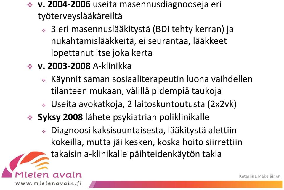 2003-2008 A-klinikka Käynnit saman sosiaaliterapeutin luona vaihdellen tilanteen mukaan, välillä pidempiä taukoja Useita avokatkoja, 2