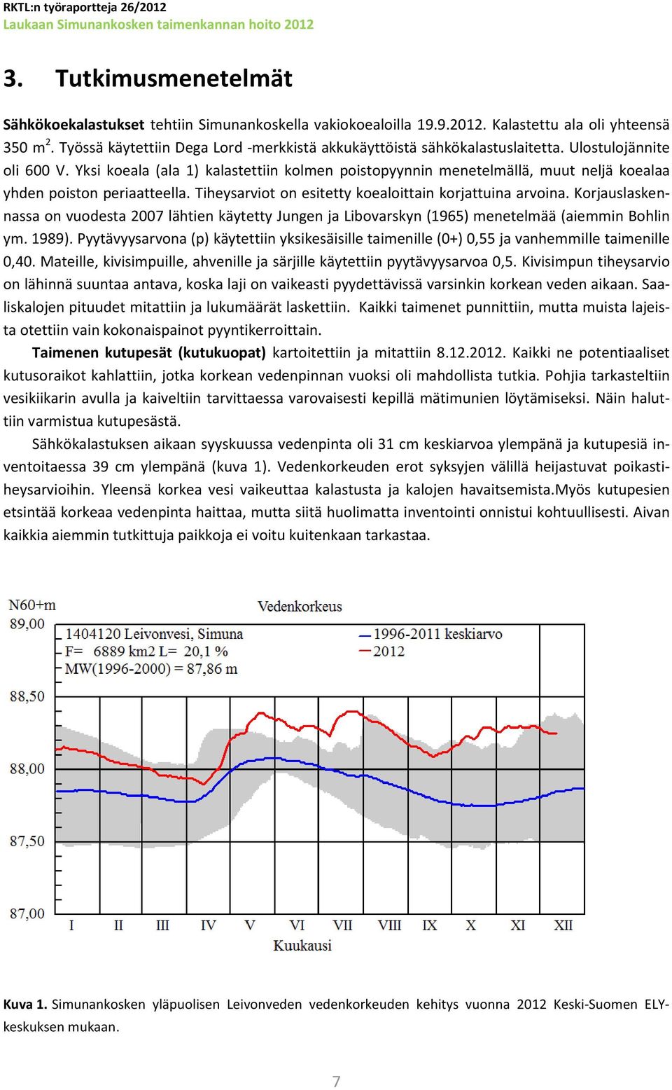 Yksi koeala (ala 1) kalastettiin kolmen poistopyynnin menetelmällä, muut neljä koealaa yhden poiston periaatteella. Tiheysarviot on esitetty koealoittain korjattuina arvoina.