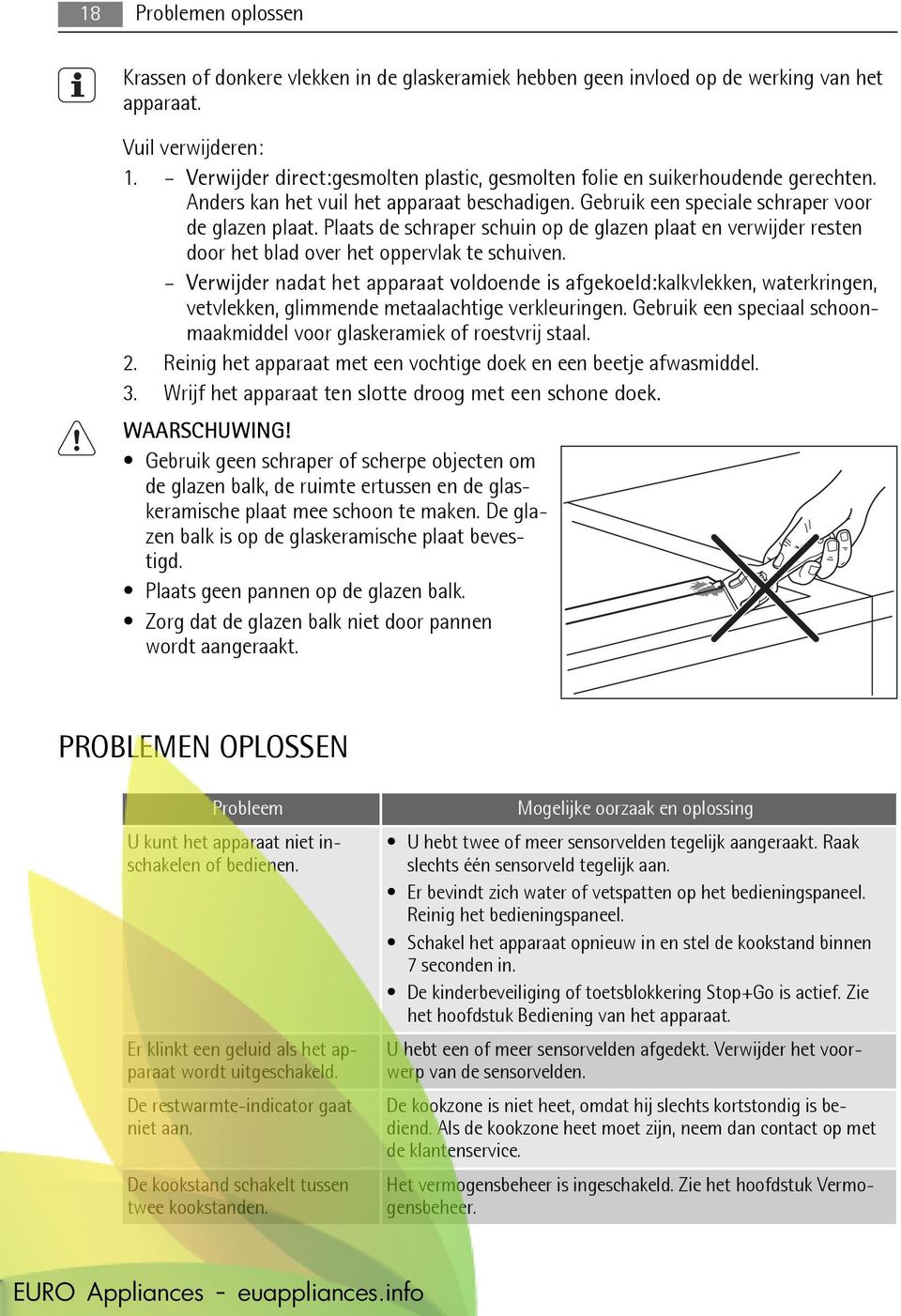 Plaats de schraper schuin op de glazen plaat en verwijder resten door het blad over het oppervlak te schuiven.