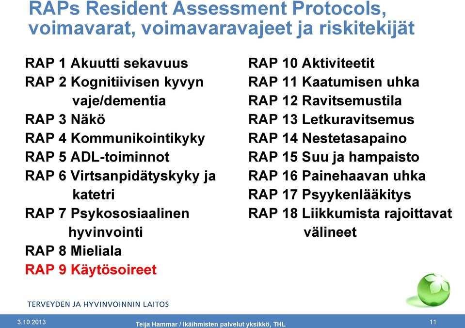 Käytösoireet RAP 10 Aktiviteetit RAP 11 Kaatumisen uhka RAP 12 Ravitsemustila RAP 13 Letkuravitsemus RAP 14 Nestetasapaino RAP 15 Suu ja hampaisto