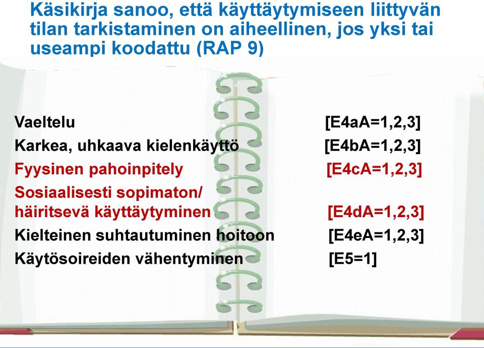 häiritsevä käyttäytyminen Kielteinen suhtautuminen hoitoon Käytösoireiden vähentyminen [E4aA=1,2,3]