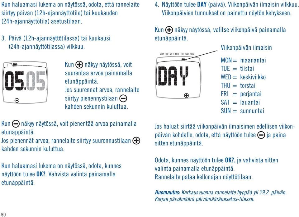 Kun näkyy näytössä, voit suurentaa arvoa painamalla Jos suurennat arvoa, rannelaite siirtyy pienennystilaan Kun näkyy näytössä, voit pienentää arvoa painamalla Jos pienennät arvoa, rannelaite siirtyy