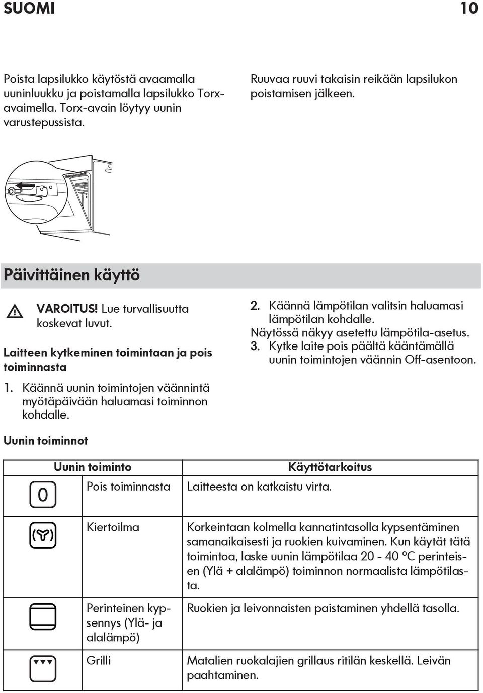 Käännä uunin toimintojen väännintä myötäpäivään haluamasi toiminnon kohdalle. 2. Käännä lämpötilan valitsin haluamasi lämpötilan kohdalle. Näytössä näkyy asetettu lämpötila-asetus. 3.