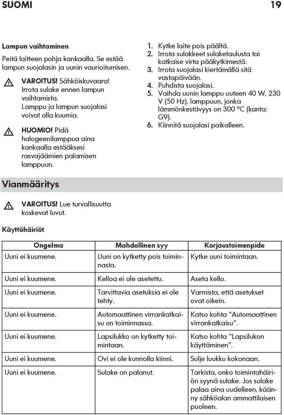 Irrota sulakkeet sulaketaulusta tai katkaise virta pääkytkimestä. 3. Irrota suojalasi kiertämällä sitä vastapäivään. 4. Puhdista suojalasi. 5.