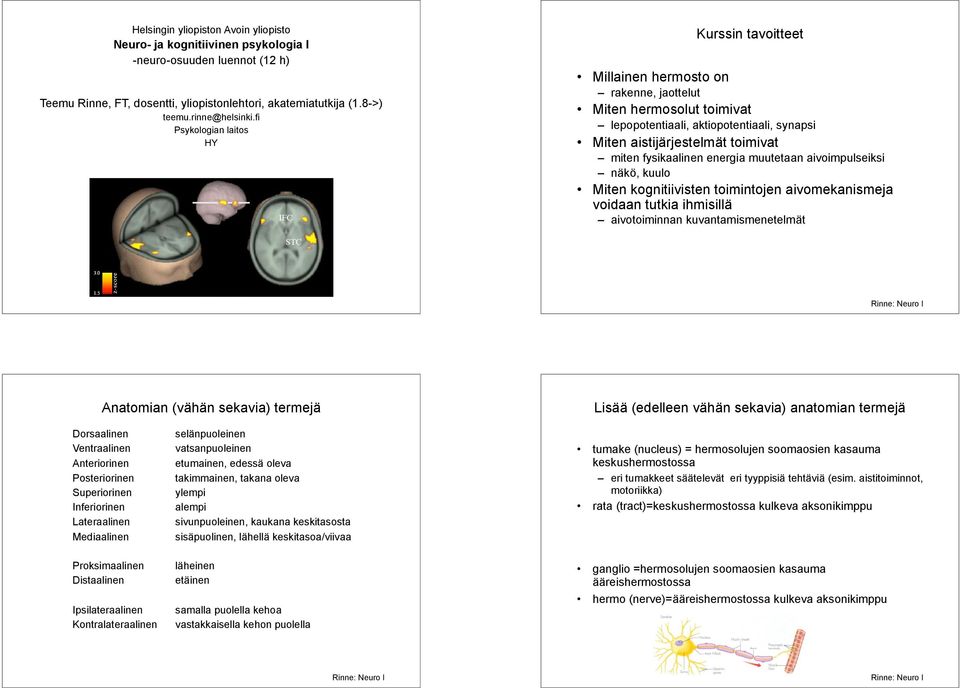 energia muutetaan aivoimpulseiksi näkö, kuulo Miten kognitiivisten toimintojen aivomekanismeja voidaan tutkia ihmisillä aivotoiminnan kuvantamismenetelmät Anatomian (vähän sekavia) termejä Lisää