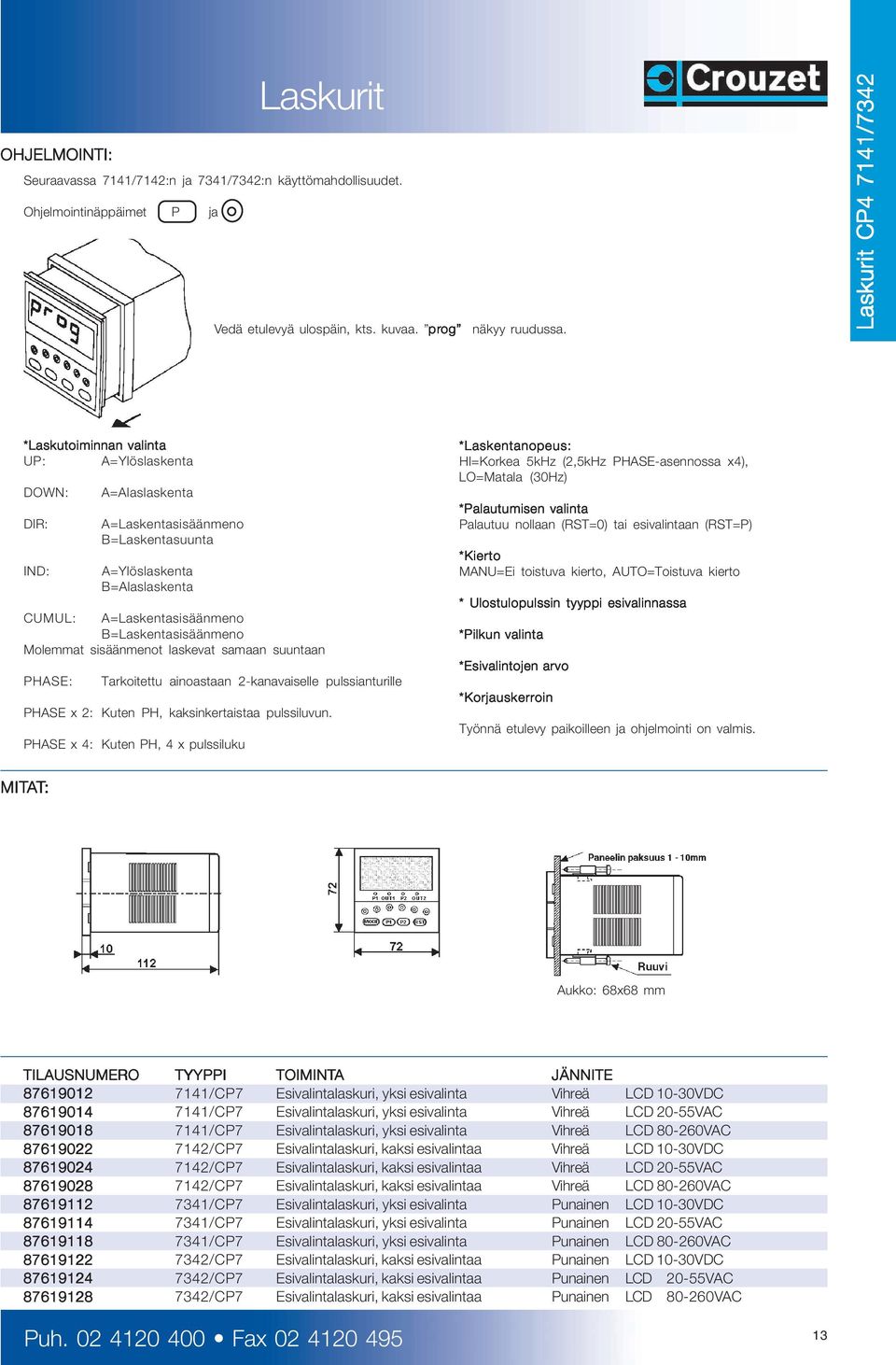 B=Laskentasisäänmeno Molemmat sisäänmenot laskevat samaan suuntaan PHASE: Tarkoitettu ainoastaan 2-kanavaiselle pulssianturille PHASE x 2: Kuten PH, kaksinkertaistaa pulssiluvun.