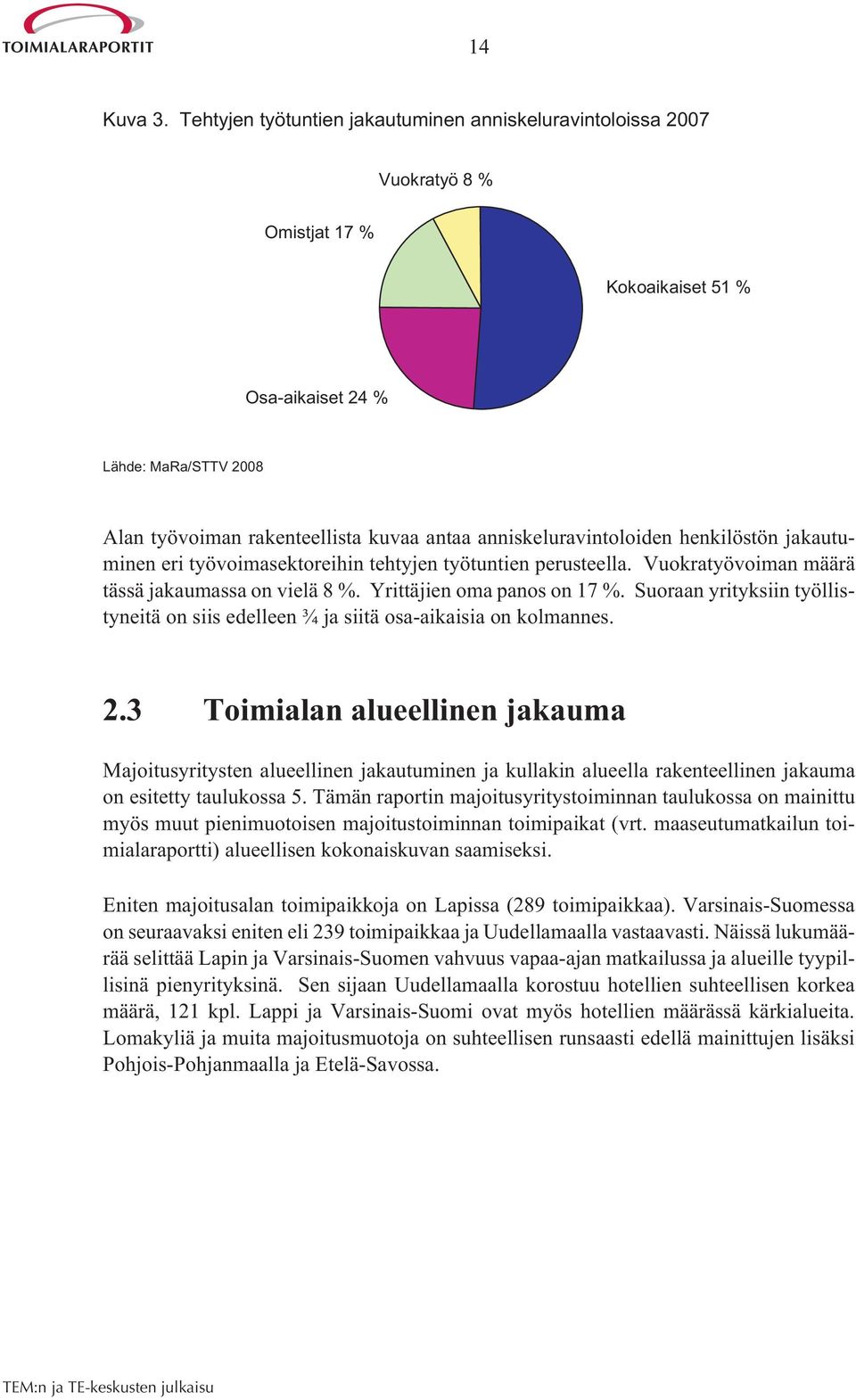 anniskeluravintoloiden henkilöstön jakautuminen eri työvoimasektoreihin tehtyjen työtuntien perusteella. Vuokratyövoiman määrä tässä jakaumassa on vielä 8 %. Yrittäjien oma panos on 17 %.