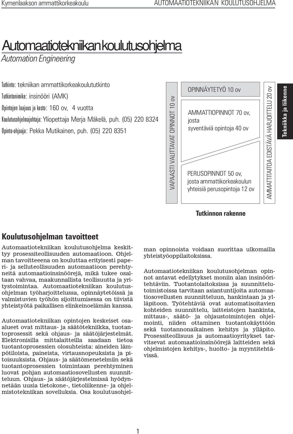 (05) 220 8351 VAPAASTI VALITTAVAT OPINNOT 10 ov OPINNÄYTETYÖ 10 ov AMMATTIOPINNOT 70 ov, josta syventäviä opintoja 40 ov PERUSOPINNOT 50 ov, josta ammattikorkeakoulun yhteisiä perusopintoja 12 ov