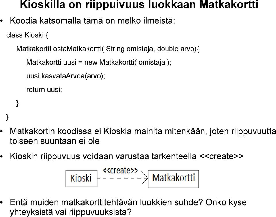 kasvataarvoa(arvo); return uusi; } } Matkakortin koodissa ei Kioskia mainita mitenkään, joten riippuvuutta toiseen suuntaan