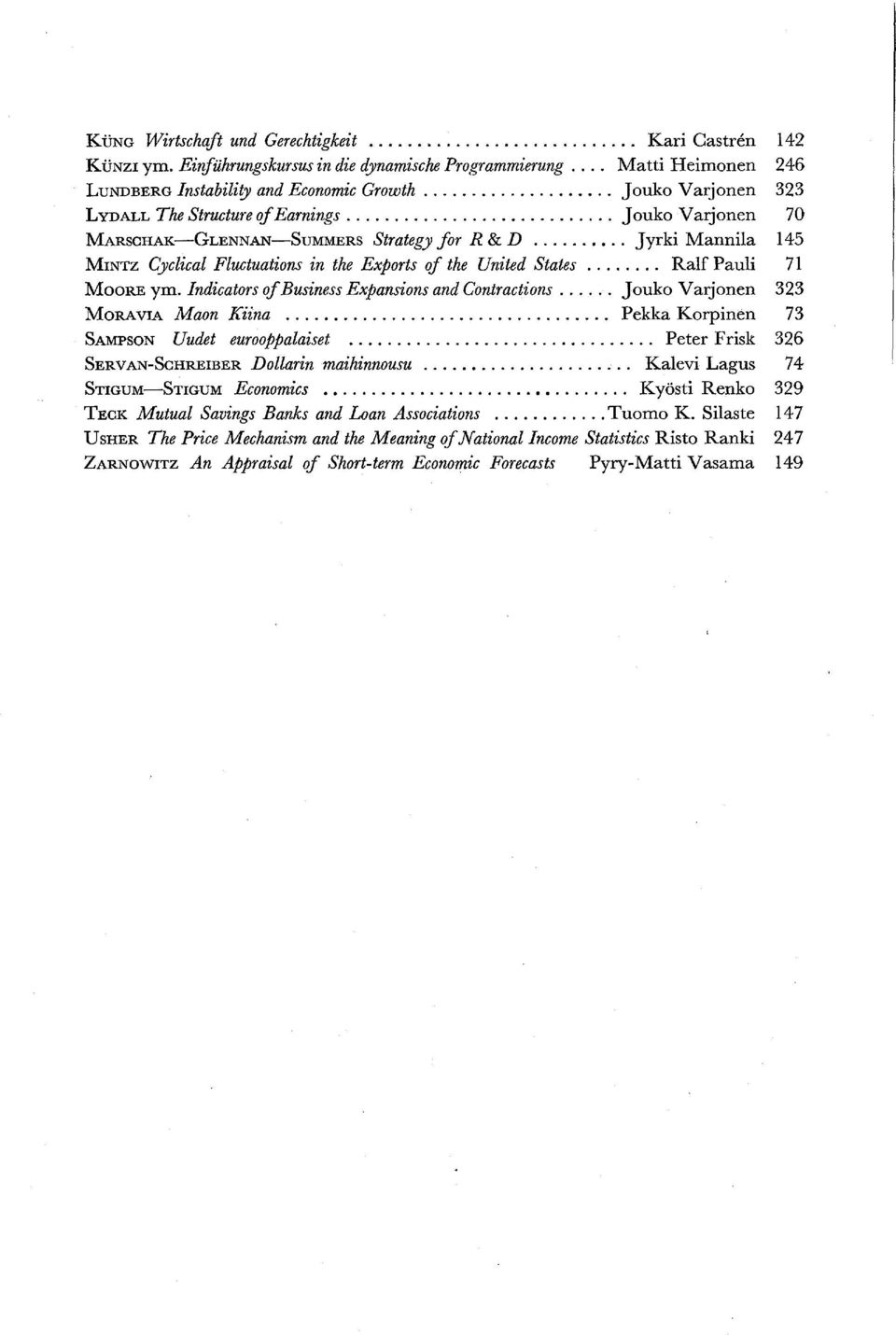 .. Ralf Pauli 71 MOORE ym. Indicators of Business Expansions and Contractions... Jouko Varjonen 323 MORA VIA Maon Kiina... Pekka Korpinen 73 SAMPSON Uudet eurooppalaiset.