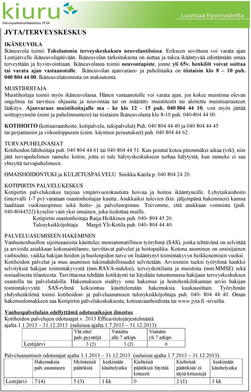Ikäneuvlan ajanvaraus- ja puhelinaika n tiistaisin kl 8 10 puh. 040 804 44 00. Ikäneuvlatiminta n maksutnta. MUISTIHOITAJA Muistihitaja timii myös ikäneuvlassa.