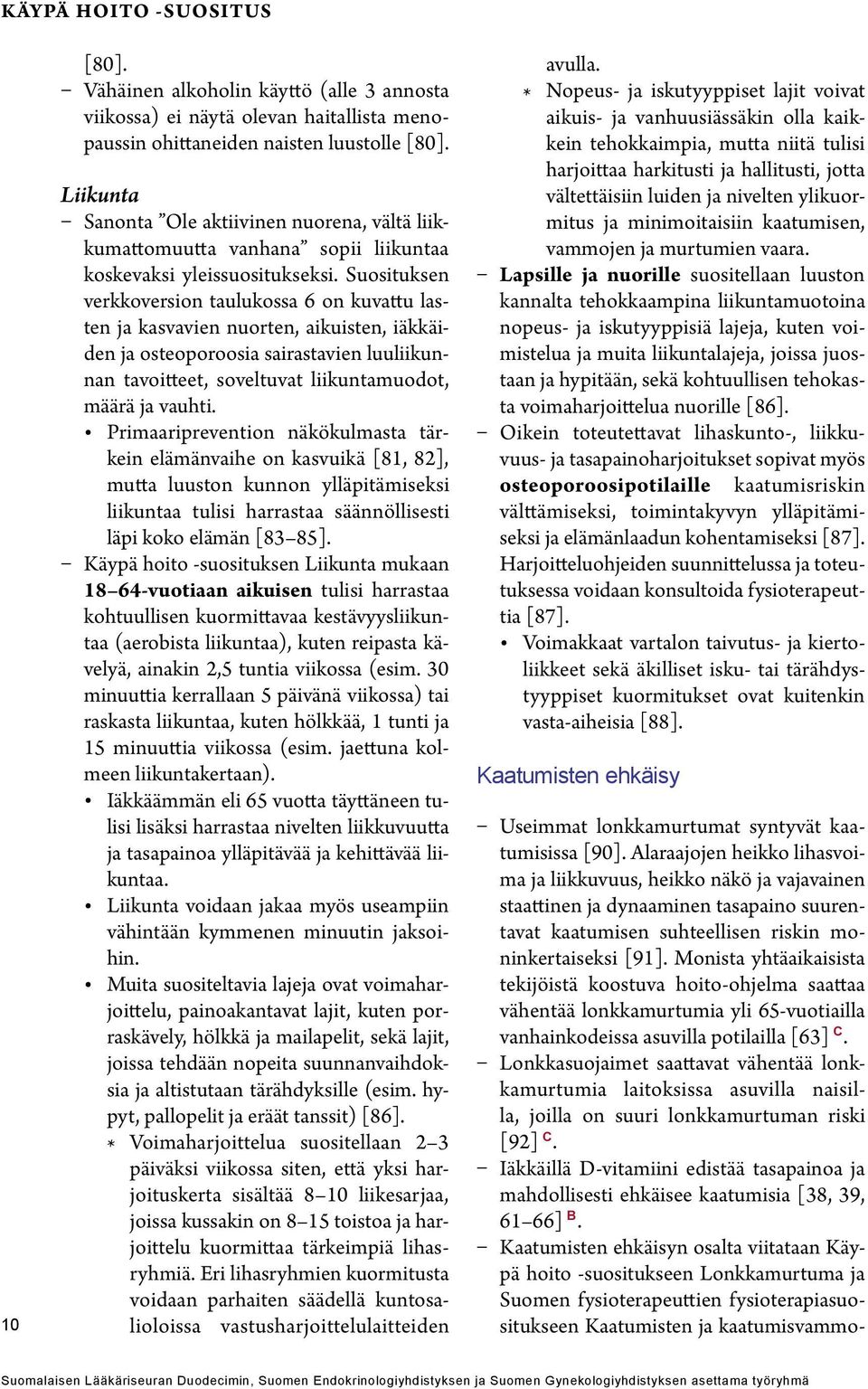 Suosituksen verkkoversion taulukossa 6 on kuvattu lasten ja kasvavien nuorten, aikuisten, iäkkäiden ja osteoporoosia sairastavien luuliikunnan tavoitteet, soveltuvat liikuntamuodot, määrä ja vauhti.