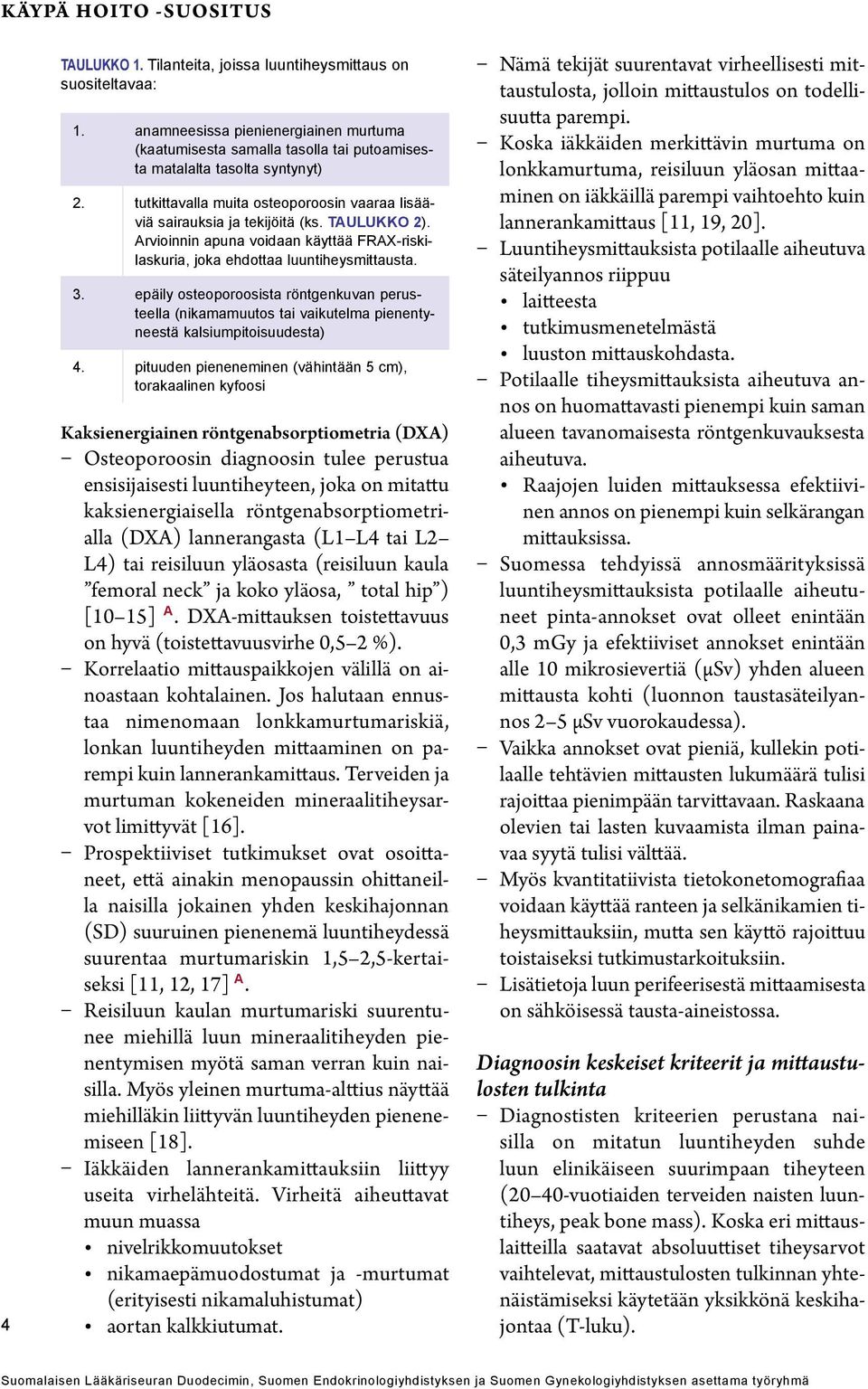 taulukko 2). Arvioinnin apuna voidaan käyttää FRAX-riskilaskuria, joka ehdottaa luuntiheysmittausta. 3.