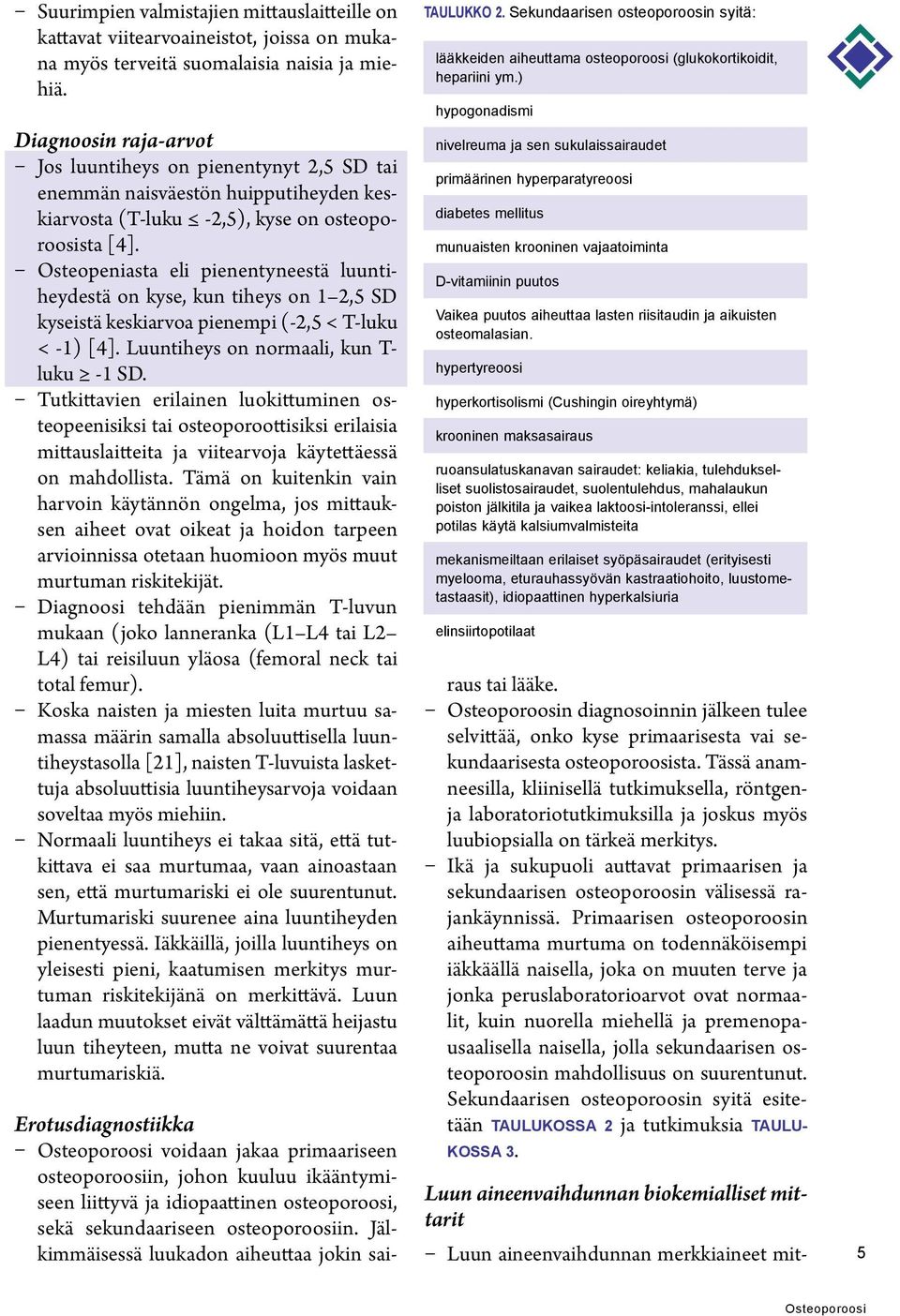 Osteopeniasta eli pienentyneestä luuntiheydestä on kyse, kun tiheys on 1 2,5 SD kyseistä keskiarvoa pienempi (-2,5 < T-luku < -1) [4]. Luuntiheys on normaali, kun T- luku -1 SD.