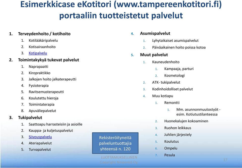 Tukipalvelut 1. Saattoapu harrasteisiin ja asioille 2. Kauppa- ja kuljetuspalvelut 3. Siivouspalvelu 4. Ateriapalvelut 5. Turvapalvelut Rekisteröityneitä palveluntuottajia yhteensä n. 120 4.