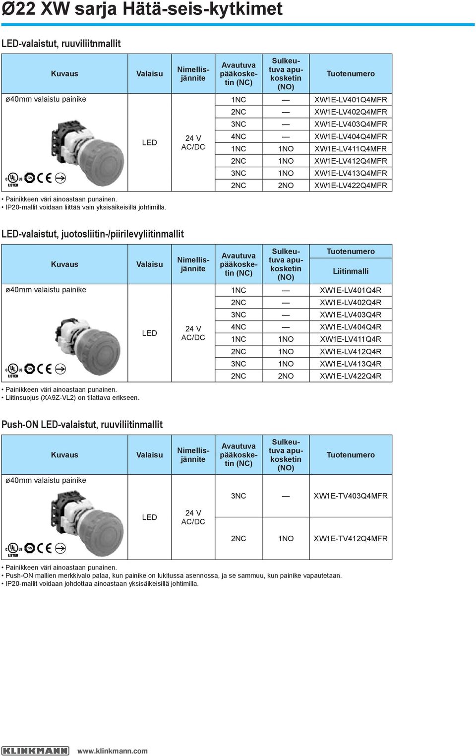 XWE-LV43Q4MFR NC NO XWE-LV4Q4MFR -valaistut, juotosliitin-/piirilevyliitinmallit Kuvaus ø4mm valaistu painike Painikkeen väri ainoastaan punainen. Liitinsuojus (XA9Z-VL) on tilattava erikseen.